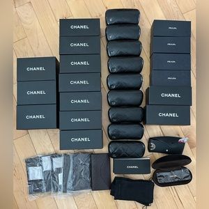 Lot of 33 authentic sunglass cases 21Chanel 6Gucci 1Tom ford 4Prada 1RayB.
